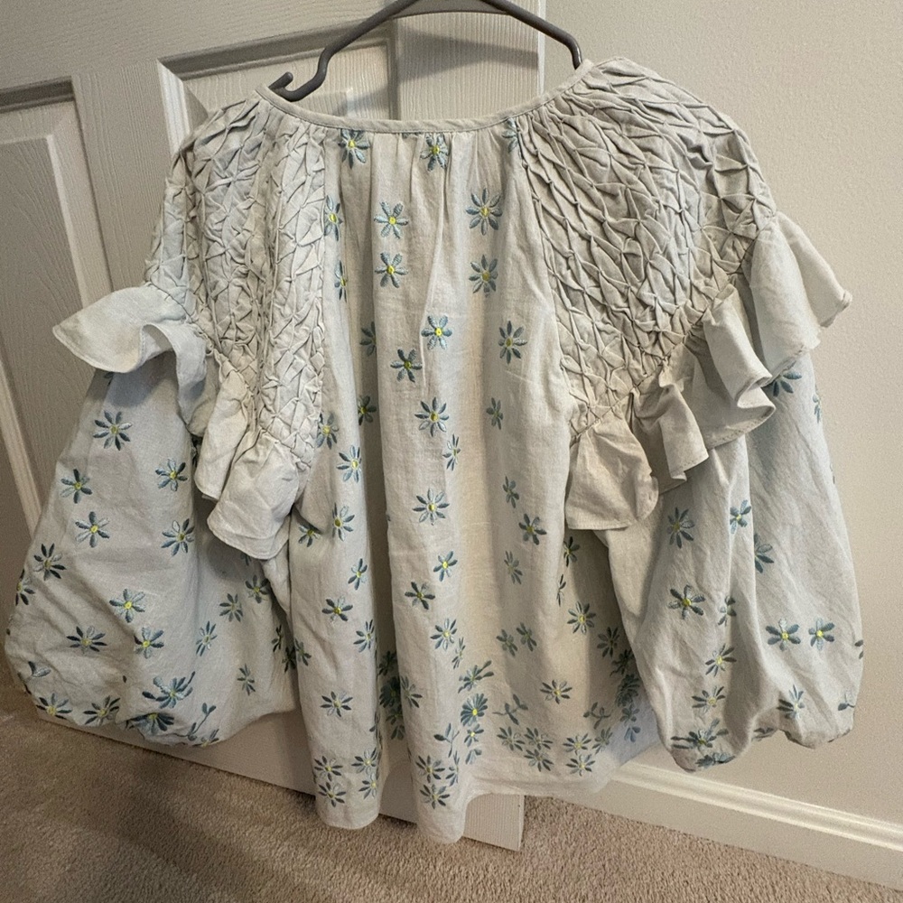 NWT Anthropologie Embroidered Floral Puff Sleeve Top Boho - Picture 5 of 10